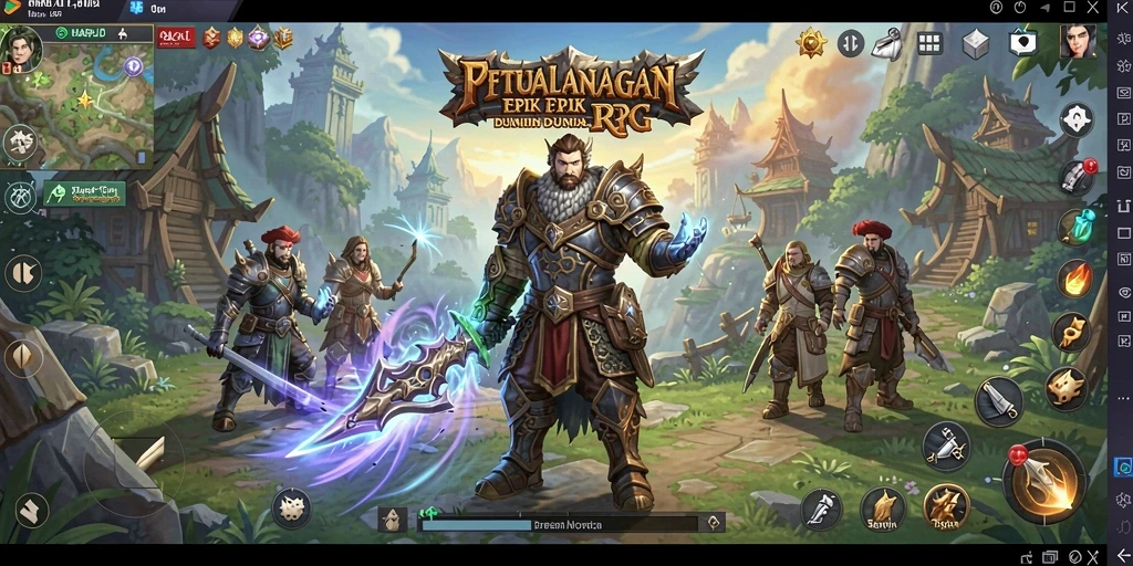 Tangkapan layar gameplay HARAPJP menampilkan pertempuran epik di dunia fantastis.
