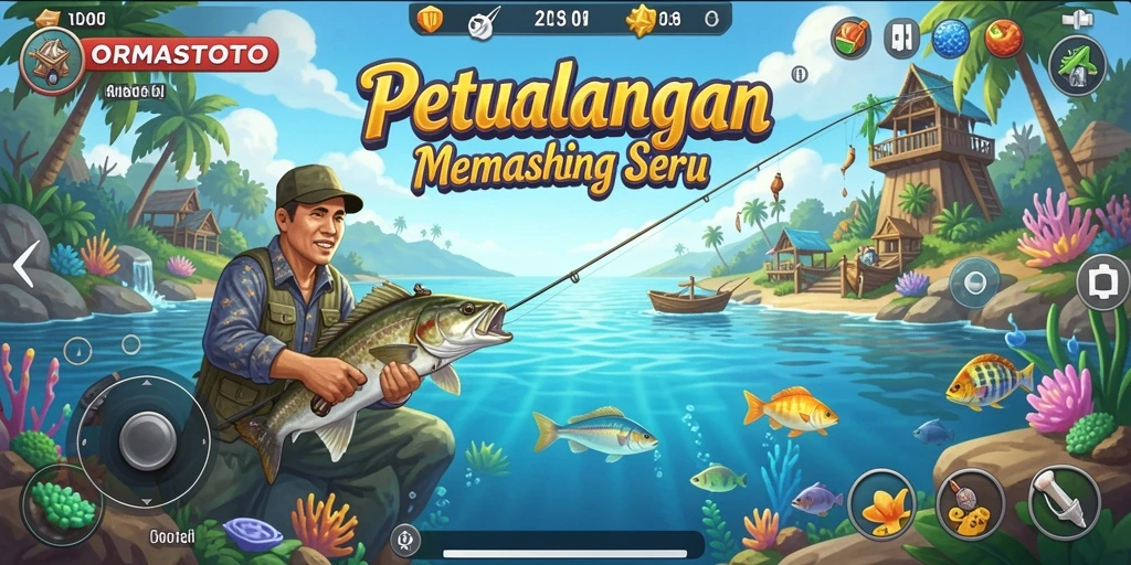 Tampilan gameplay ORMASTOTO yang menampilkan aksi memancing yang seru.