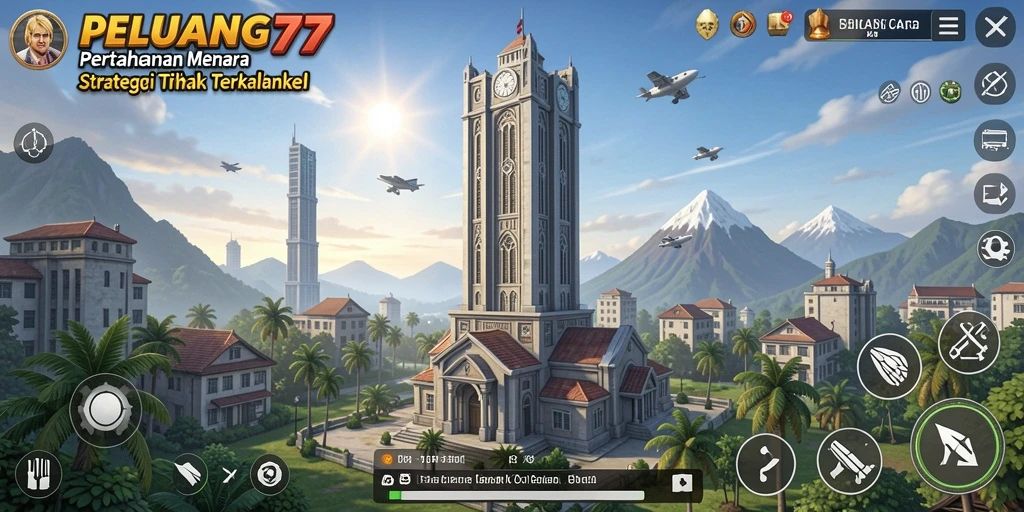 Tampilan gameplay PELUANG77 dengan menara dan musuh dalam pertempuran seru.